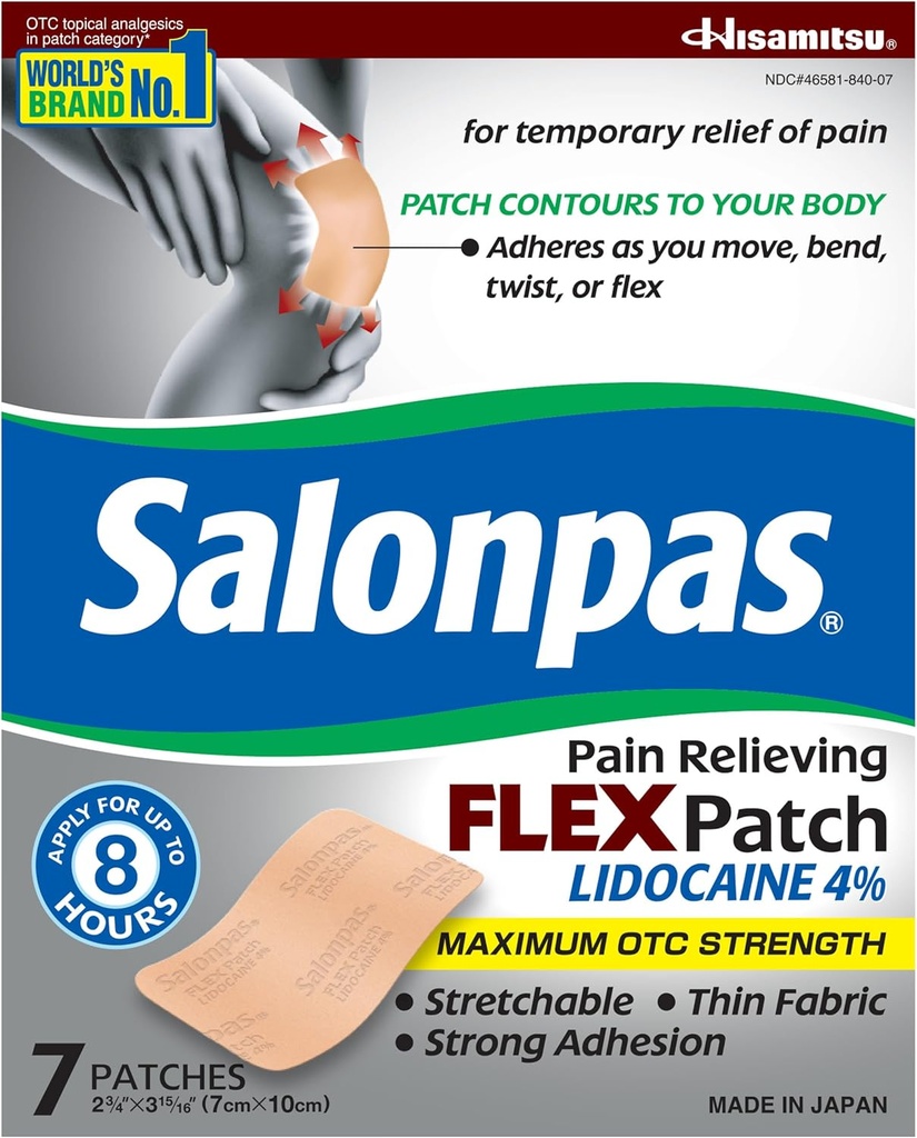 Salonpas Μέγιστη εξωχρηματιστηριακή δύναμη Λιδοκαΐνη 4% Πόνος ανακούφιση FLEX Patch, Εφαρμόστε μέχρι 8 ώρες, Αρωματισμένο, Λιγνό, Ευέλικτο, Ελαφρύ, Patch Stays in Place, 7 Patches