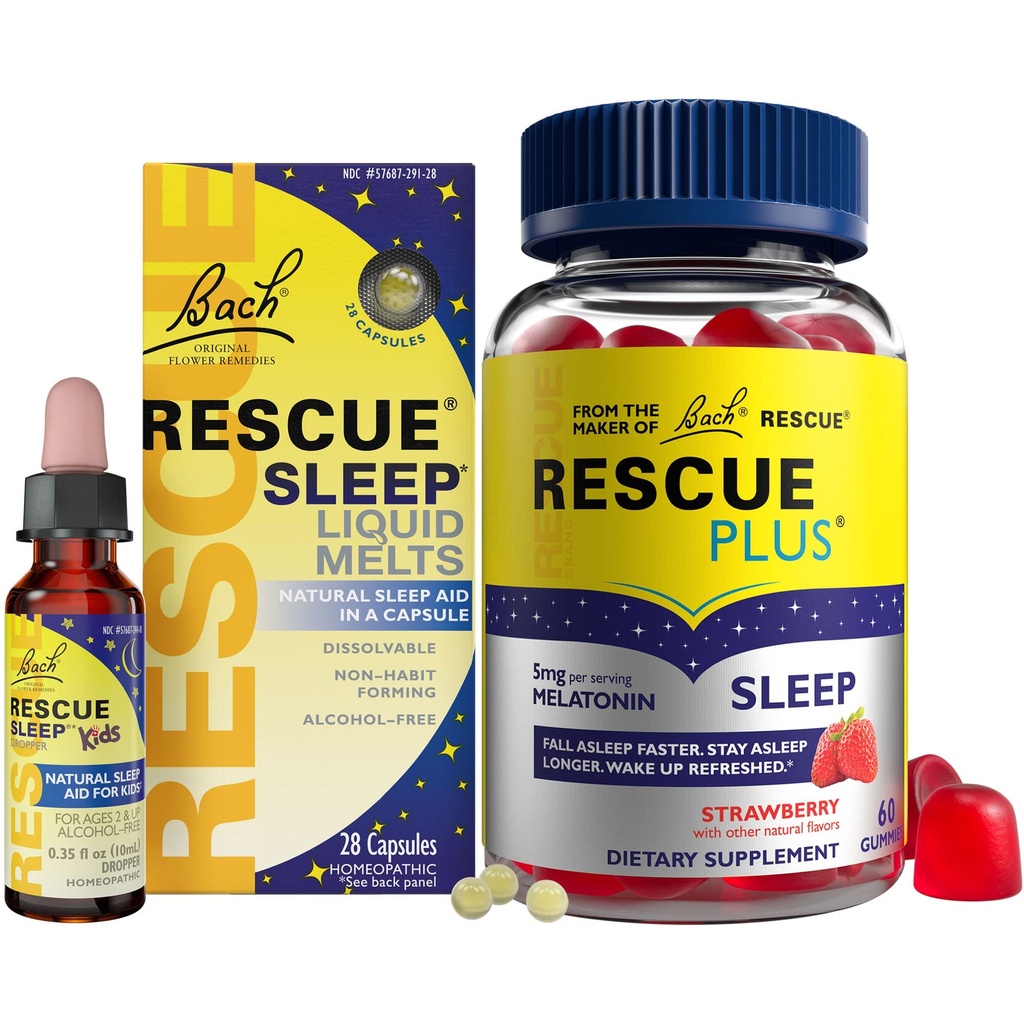 RESCUE Nighttime Sleep Aid Bundle, 3Pk - Bach Sleep Kids Dropper, 10mL Sleep Liquid Melts, 28Ct Plus Sleep Gummies με 5mg μελατονίνης / δόσης, 60Ct