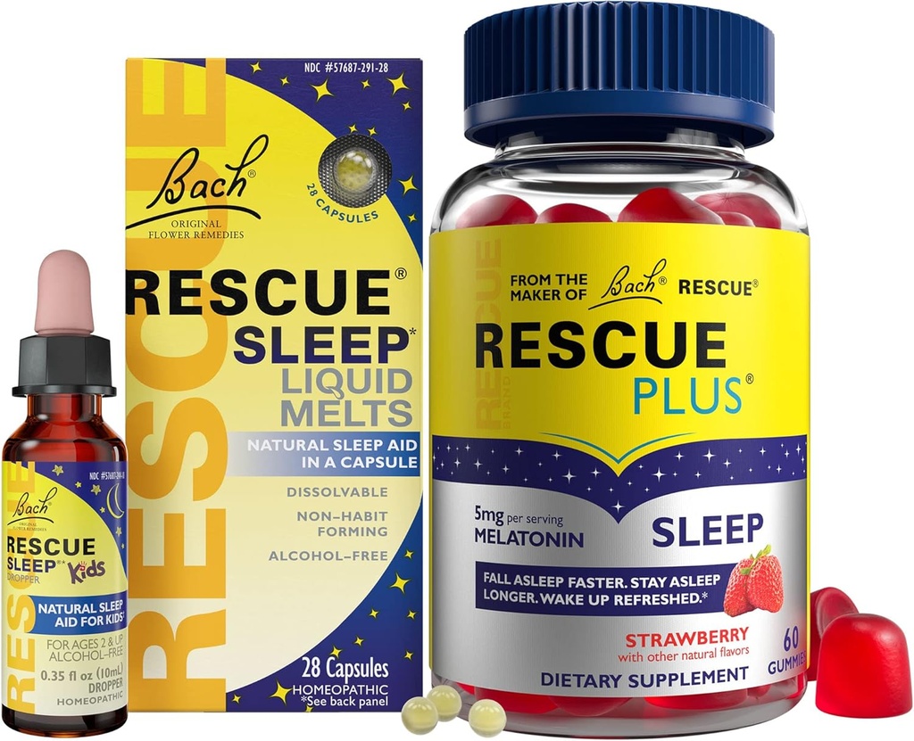 RESCUE Nighttime Sleep Aid Bundle, 3Pk - Bach Sleep Kids Dropper, 10mL Sleep Liquid Melts, 28Ct Plus Sleep Gummies with 5mg Melatonin/dose, 60Ct