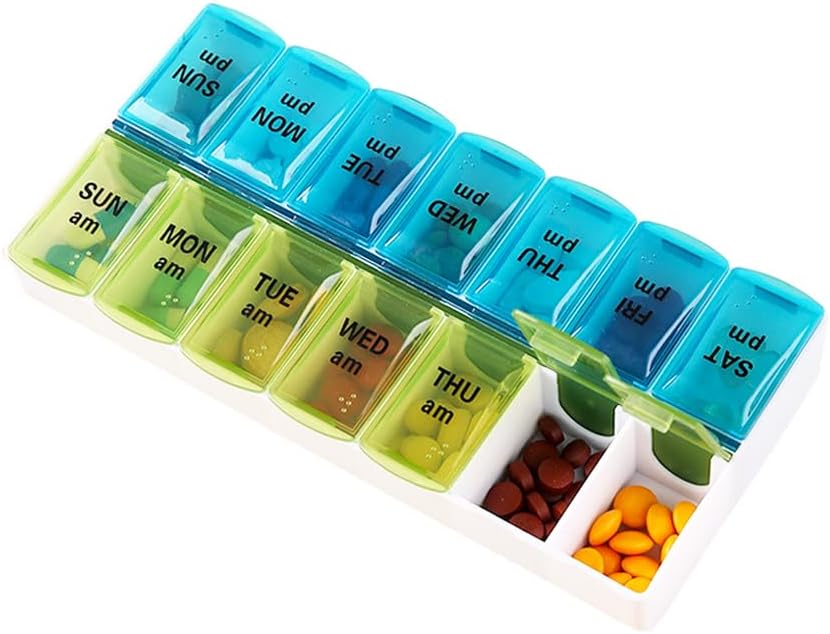 Weekly Pill Organizer Dispenser, 2 Times a Day, One-Side Open Pill Box 7 Day Medicine Planner for Easy Filling, AM PM Pill Case for Vitamins, Medication, Supplements, Fish Oils, Blue + Green