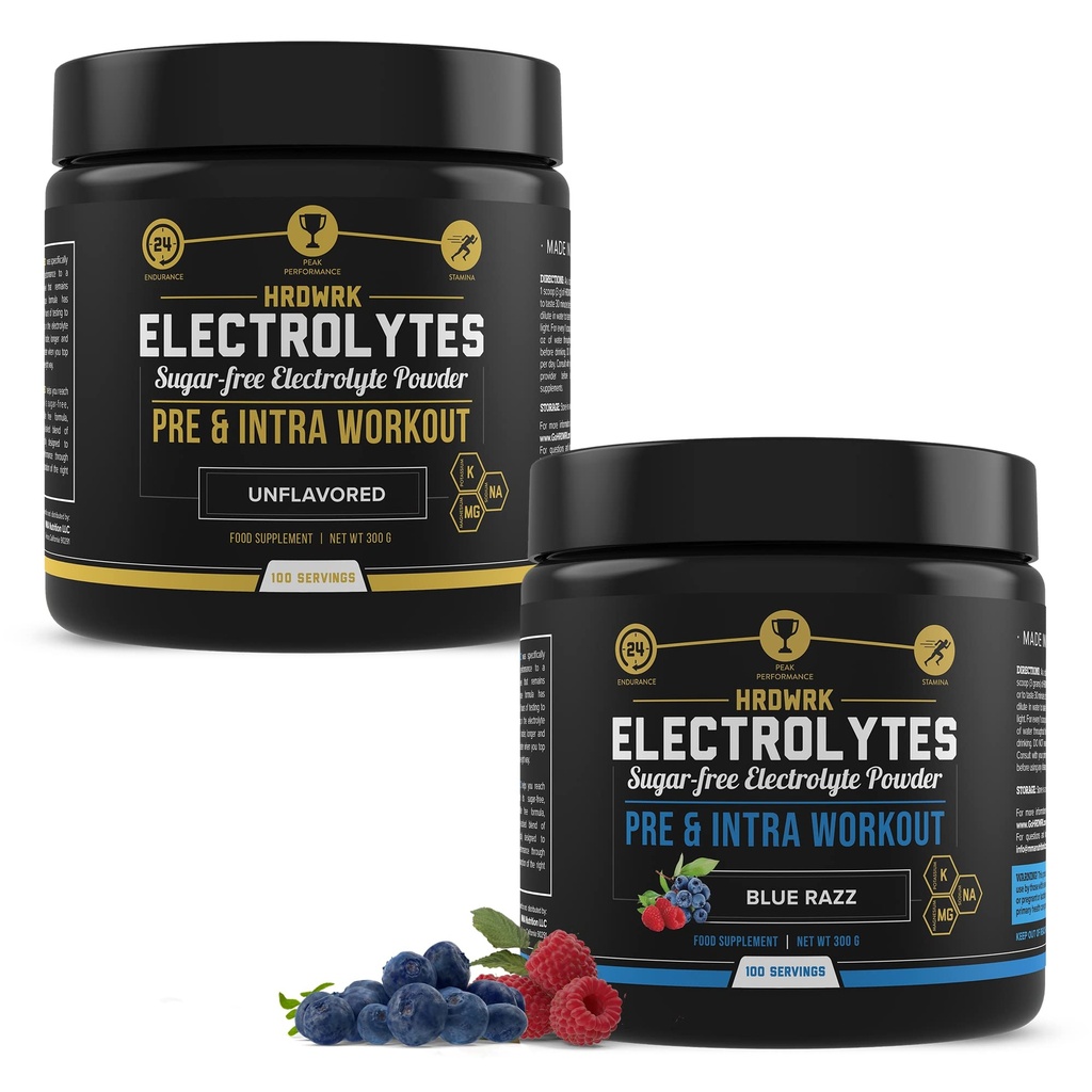 MMA Nutrition HRDWRK 100 Servings Keto Electrolytes Powder Hydration Sugar Free - Electrolyte Powder to Boost Endurance & Reduce Fatigue with Electrolytes Supplement - Unflavored & Blue Raspberry Set