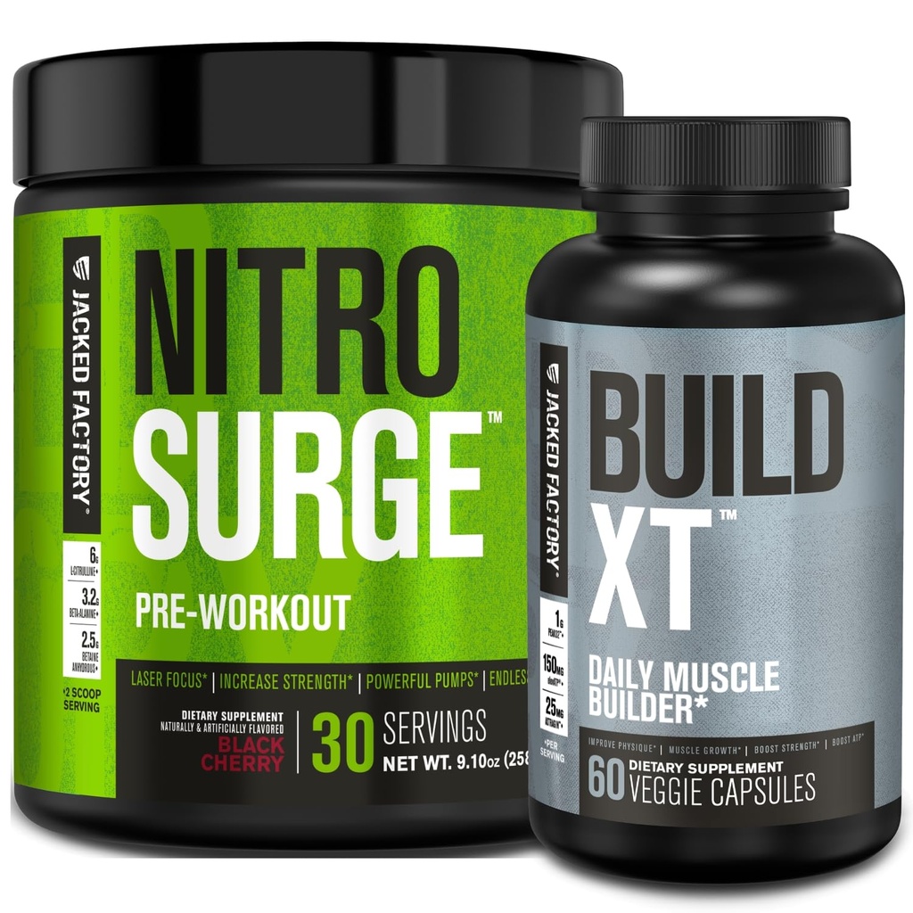 Jacked Factory Nitrosurge Pre-Education in Black Cherry & Build XT Muscle Building Bundle for Men & Women