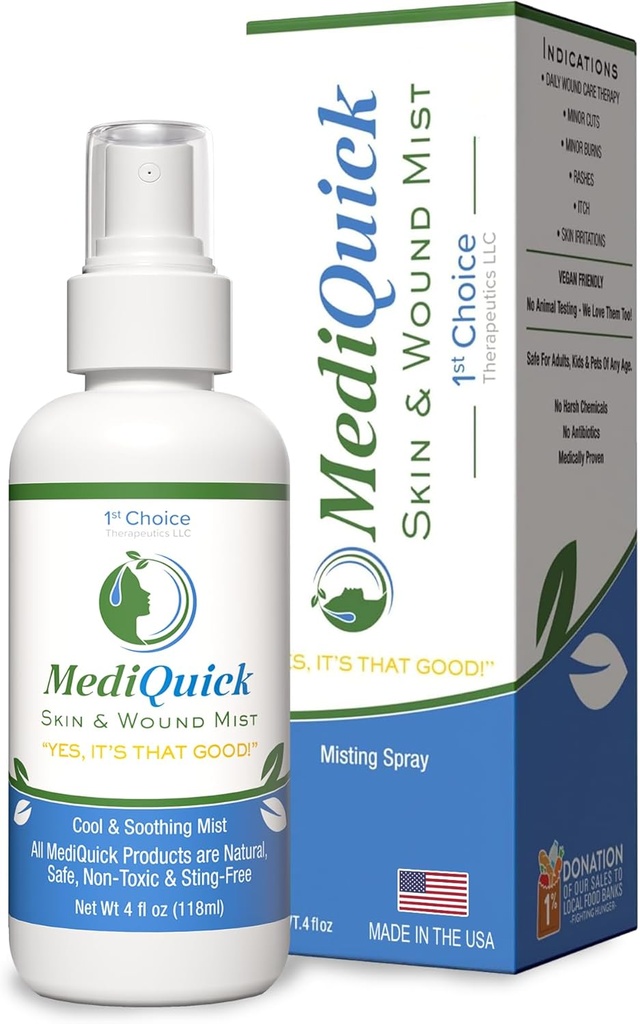 MediQuick Antiseptic Spray Mist 4 Fl Oz | Skin & Wound Repair First Aid Spray for Burns & Cuts with 12 Hour Action | Helps Heal Acne Rash Eczema Itch Bites & More | Safe Wound Wash with No Sting