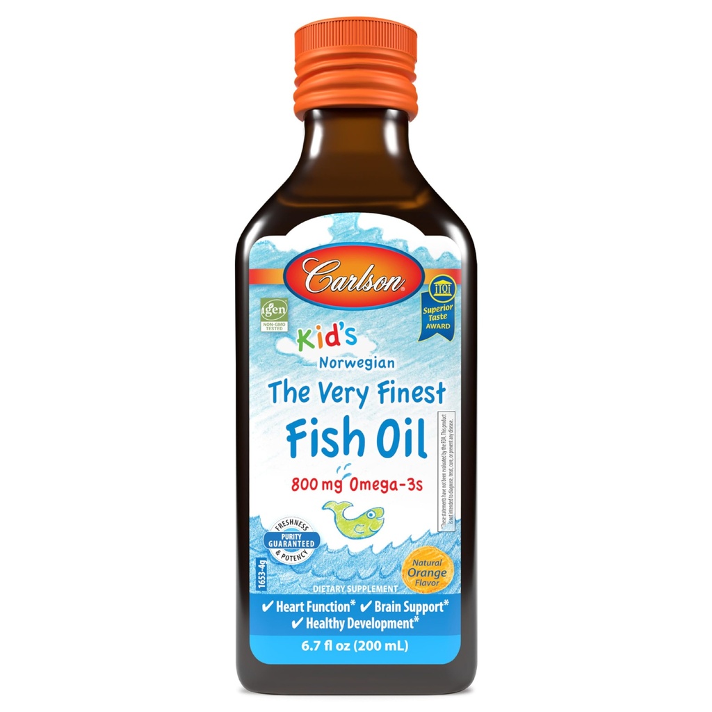 Carlson - Kid's The Very Finest Fish Oil, 800 mg Omega-3s, Νορβηγικά, Με Βιώσιμη προέλευση, Πορτοκαλί, 200 mL