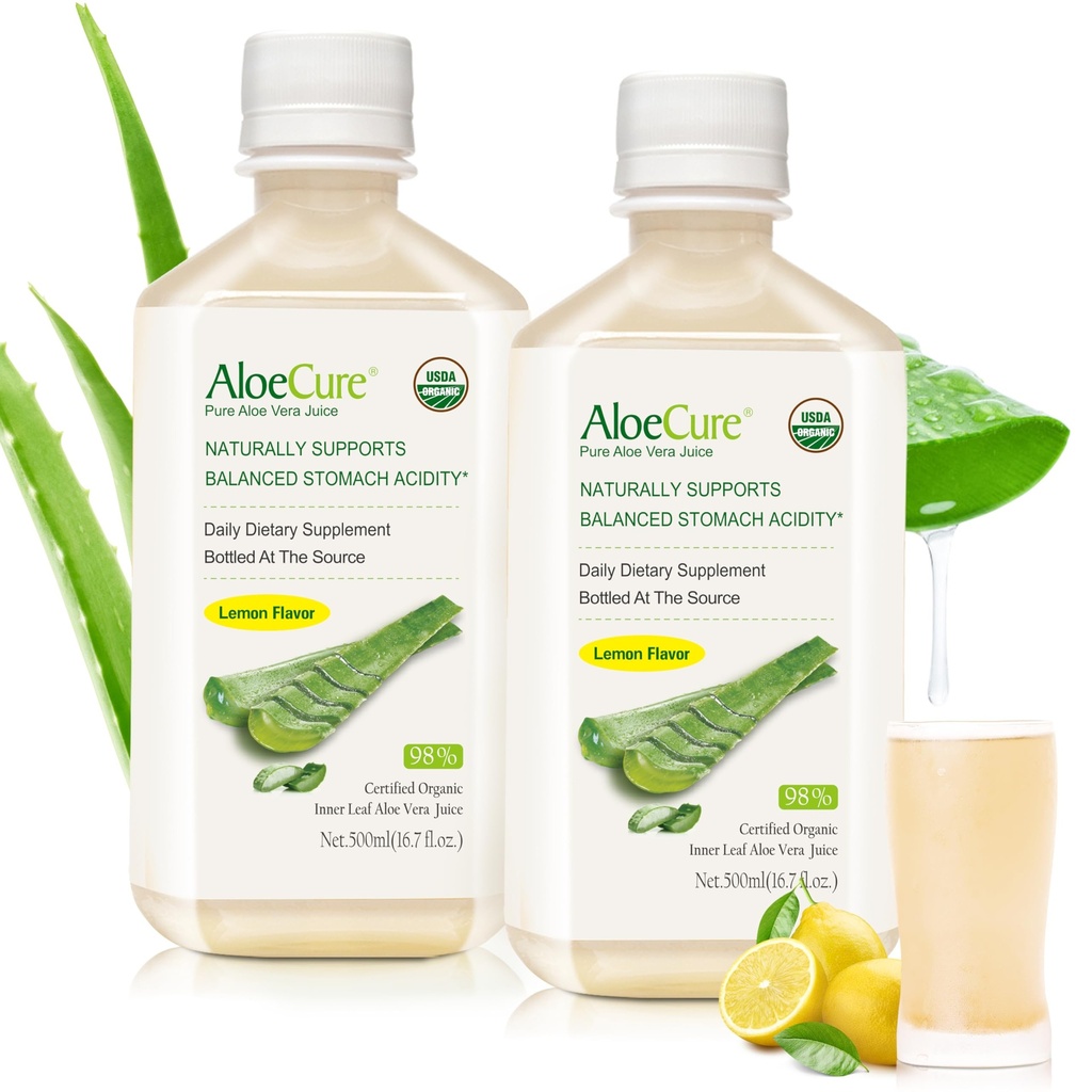 AloeCure USDA Organic Aloe Vera Juice Lemon Flavor - Κατασκευάζεται μέσα σε 12 ώρες από τη συγκομιδή - Φυσικό συμπλήρωμα πέψης για την ισορροπημένη οξύτητα στομάχου - Υποστήριξη Digestive και ανοσοποιητική υγεία, 2 Btls x 16.7oz