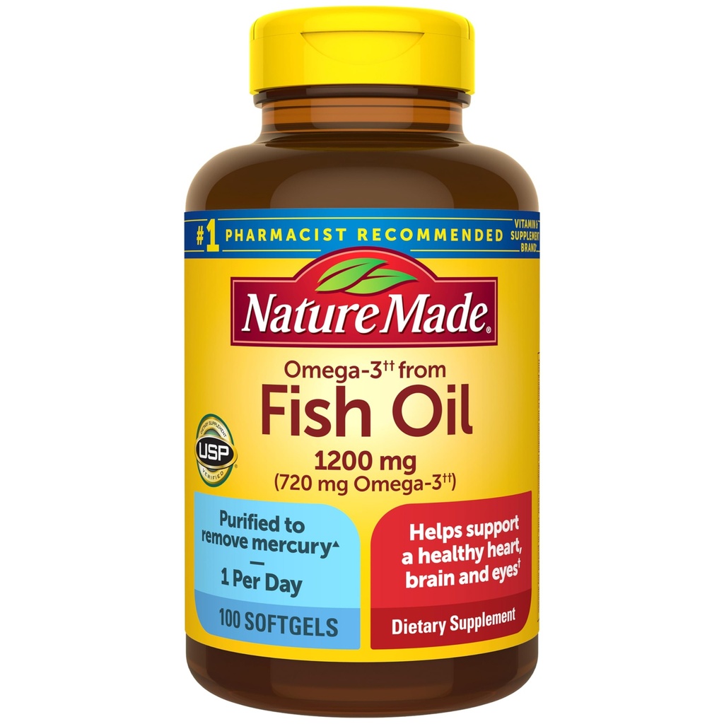 Nature Made Fish Oil Omega 3 Συμπληρώματα, Omega 3 Fish Oil as Esters 1200 mg Softgels, EPA DHA συμπλήρωμα για υγιή καρδιά, εγκέφαλο, υποστήριξη ματιών, μία ανά ημέρα, 100 Softgels
