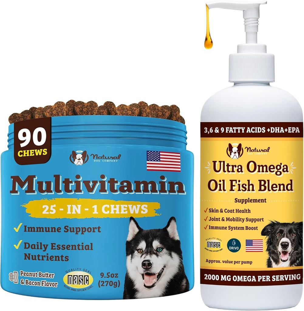 Natural Dog Company Multivitamin Chews and Ultra Omega Oil for Active Dogs - Nutrient-Rich Dog Treats with Omega-3 and Essential Vitamins, Υποστηρίζει Γνωστική Υγεία και Συνολική Ζωτικότητα για όλες τις Φυλές