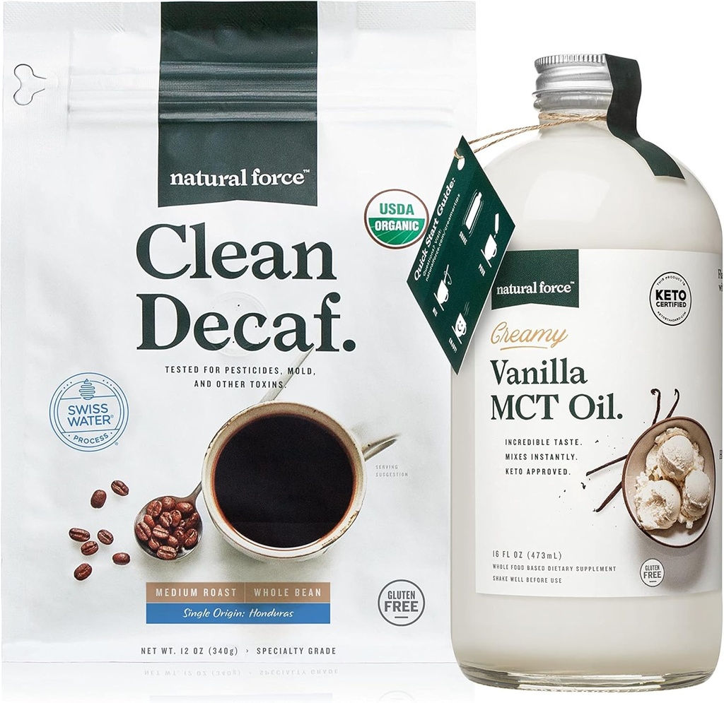 Natural Force Organic Clean Decaf Coffee + Creamy Vanilla MCT Oil Bundle – Flavored MCT Creamer & Mold & Mycotoxin Δωρεάν Καφές – Μη-GMO, Κέτο, Παλαιό, και Vegan - 12 Oz Bag και 16 Oz Glass Bottle