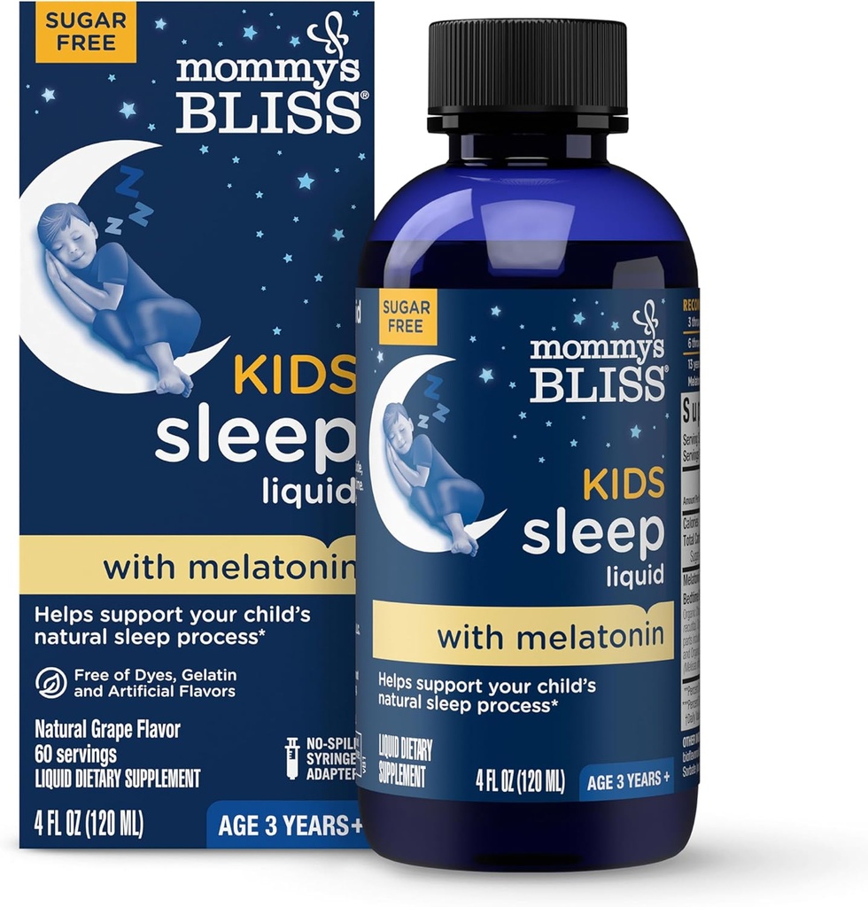 Mommy's Bliss Kids Sleep Liquid with Melatonin & Calming Herbs | Supports The Natural Sleep Process for Children 3 Years & Up | Grape Flavor | Sugar Free| 4 Fl Oz (60 Servings)