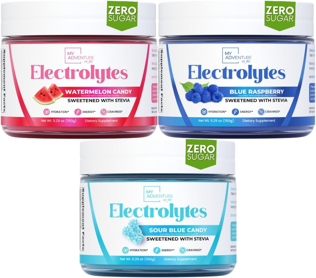 My Adventure to Fit Refreshing Hydration Electrolytes Powder with Zero Sugar, Bundle, Cartermelon Candy & Sour Blue & Blue Raspberry Flavors