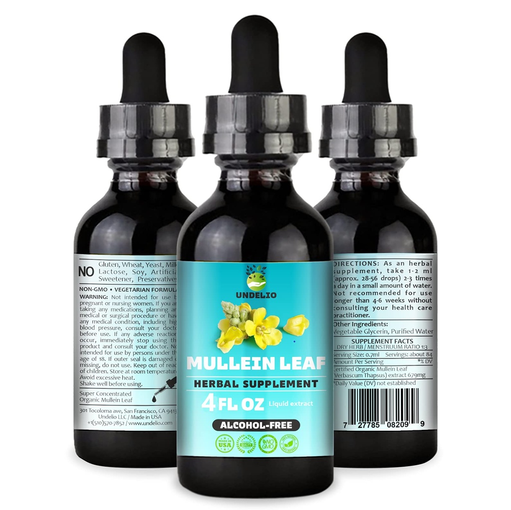 Udelio's Herbal Mullein Leaf Extract - Βιολογικό & Αλκοόλ-ελεύθερο Βάμμα για την αναπνευστική, πνεύμονα, τον ύπνο και την πνεύμονα Υποστήριξη - Non-GMO, Vegan - 4 fl. Oz για την ανοσοποιητική υγεία & Lung Detox