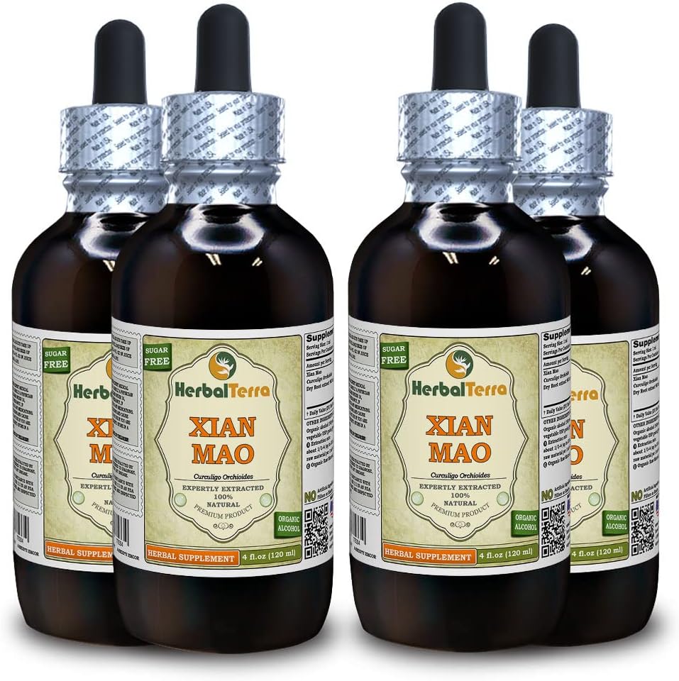 Xian Mao, Curculigo (Curculigo Orchioides) Tincture, Organic Dried Root Powder Liquid Extract (Brand Name: HerbalTerra, Proudly Made in USA) 4x4 fl.oz (4x120 ml)