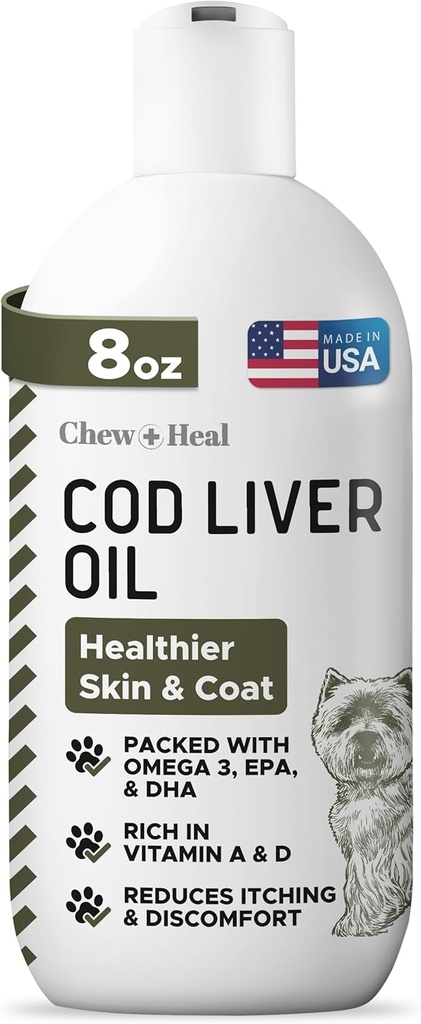 Pure Cod Liver Oil for Dogs - 8 oz - Contains Omega 3, Omega 6, Vitamin A, and Vitamin D to Reduce Itching and Promote Skin and Coat, Heart, Joint, and Immune Health