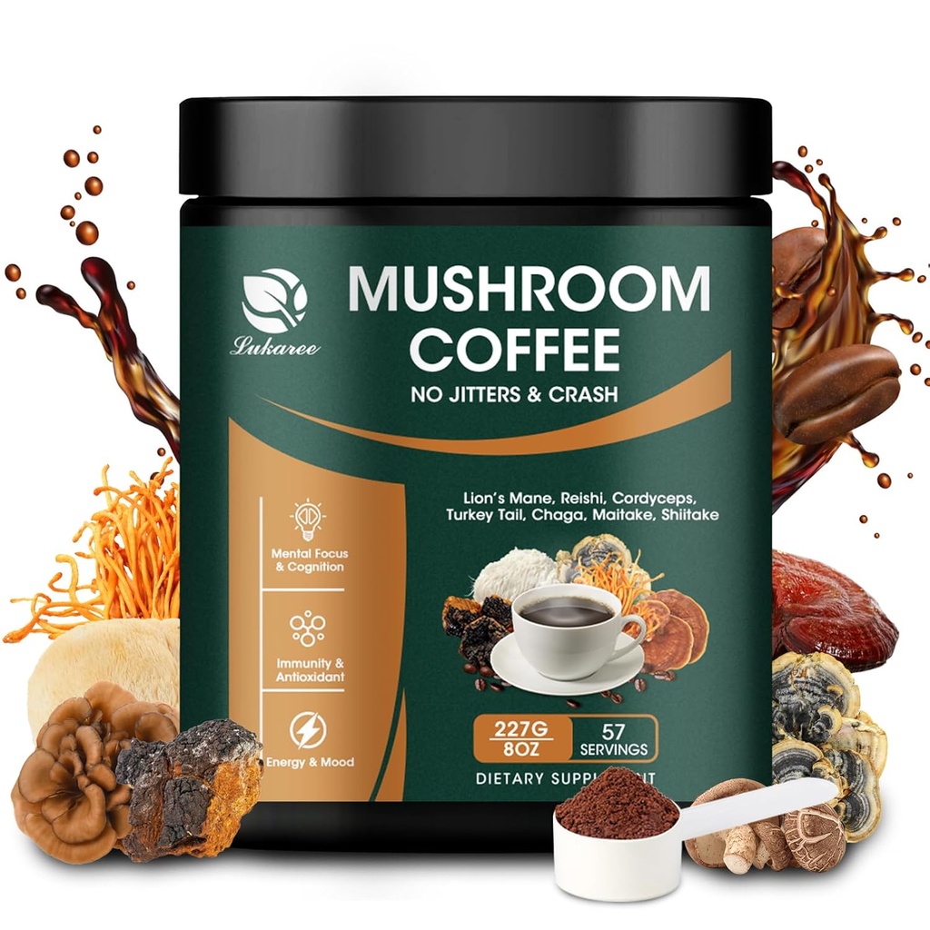 Lukaree Mushroom Coffee 14 in 1 Instant Mushroom Coffee Arabica Coffee Mushroom Powder with Lion's Mane, Reishi, Chaga, Cordyceps, Shiitake, Maitake, Turkey Tail for Focus Energy Immunity 8 oz (227g)