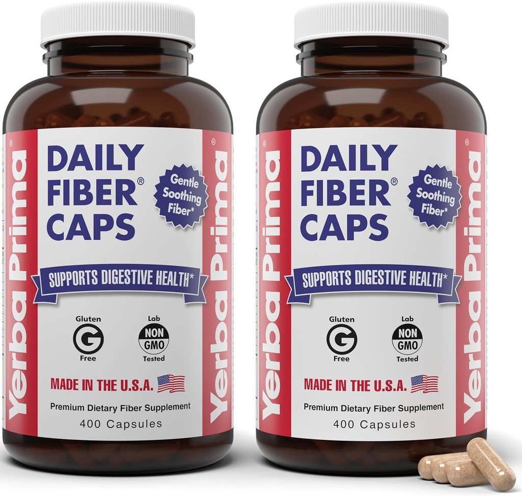 Yerba Prima Daily Fiber Caps Formula 400 Κάψουλες (πακέτο του 2) - Και οι δύο Διαλυτές / Αδιάλυτες Ίνες με το Psyllium Seed Husks, Acacia Gum, Apple Fiber Συμπλήρωμα