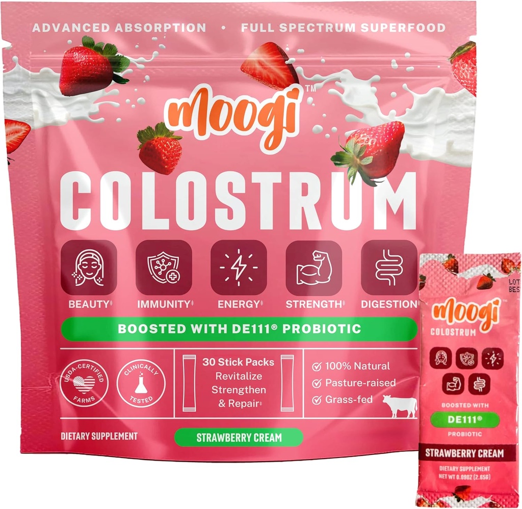 MoogiTM Premium Colostrum Powder (Strawberry Cream/30 Stick Pack) 