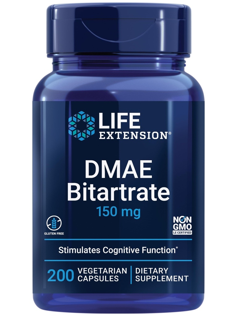 Επέκταση ζωής DMAE Bitartrate, υποστηρίζει την παραγωγή νευροδιαβιβαστών, 6-μηνη προσφορά, χωρίς γλουτένη, μη ΓΤΟ, χορτοφάγοι, 200 κάψουλες
