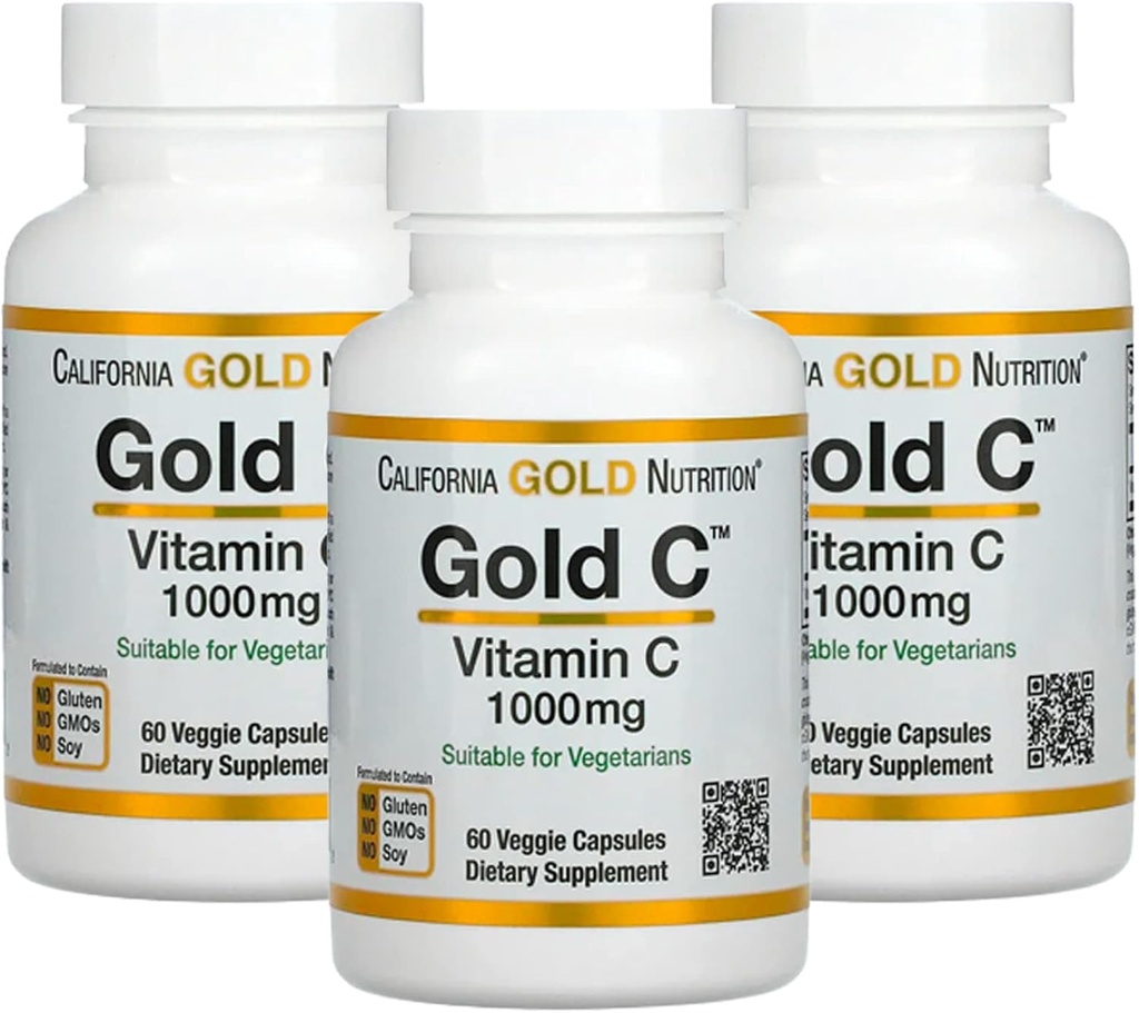 Gold C by California Gold Nutrition - USP Grade Vitamin C Supplement - Ανοσολογική Υποστήριξη & Εποχιακή Ευεξία - Φιλικό προς τους χορτοφάγους - Χωρίς γλουτένη, Μη ΓΤΟ - 1000 mg - 60 κάψουλες λαχανικών, 3 συσκευασίες
