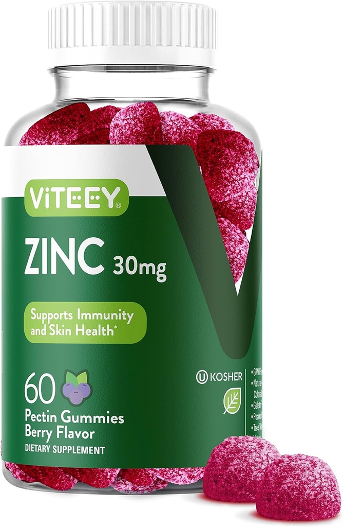 Viteey Zinc Gummies για γυναίκες και άνδρες - συμπλήρωμα ανοσοποίησης - 30mg - Vegan, Ζελατίνη Δωρεάν, μη ΓΤΟ - 60 κόμης