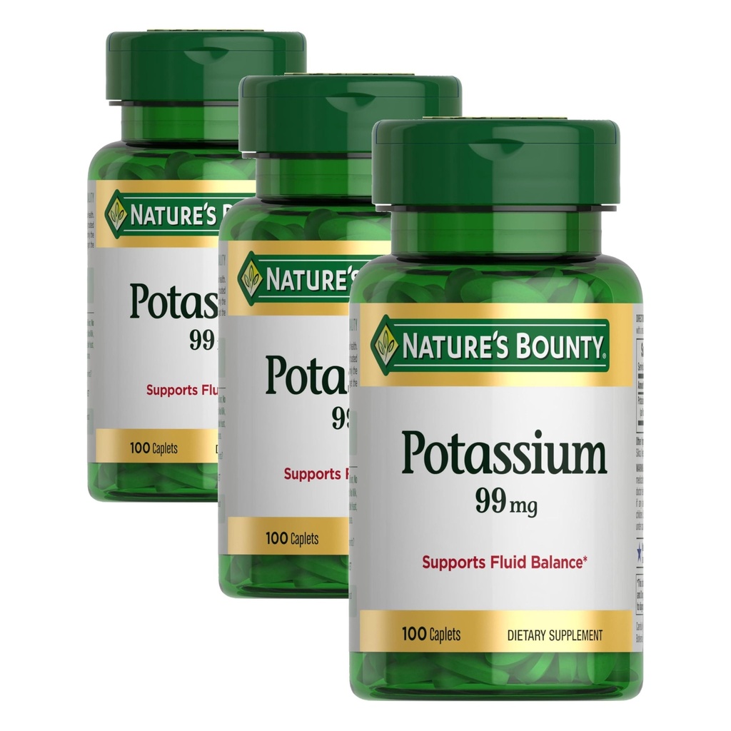 Nature's Bounty Potassium 99mg,Supports Fluid Balance&Muscle Activity,Involved in Normal Heart Function,Potassium Gluconate Dietary Supplement,Gluten Free,1 Per Day, 100 Vegetarian Caplets (Pack of 3)