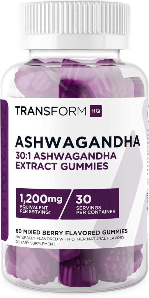 TransformHQ Ashwagandha Gummies 1.200mg, 60 Gummies (Ανάμικτη γεύση μούρου) - συμπλήρωμα βοτάνων Ashwagandha - 30 σερβιέτες, χωρίς γλουτένη, μη ΓΤΟ