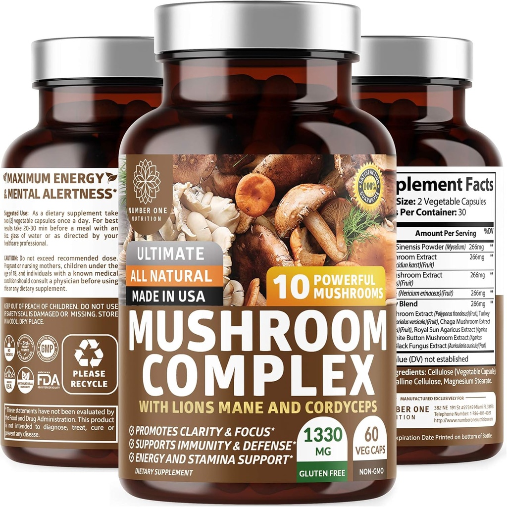 N1N Premium Mushroom Complex [10X Ισχυρό Μανιτάρια] με Reishi, Lions Mane, Cordyceps, Chaga, Turkey Tail and Maitake to Support Health, Brain Functions and Energy Levels, 60 Veg Caps
