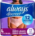 Always Discreet Adult Incontinence & Postpartum Underwear for Women, Maximum, Large, 17 Count (Packaging May Vary)