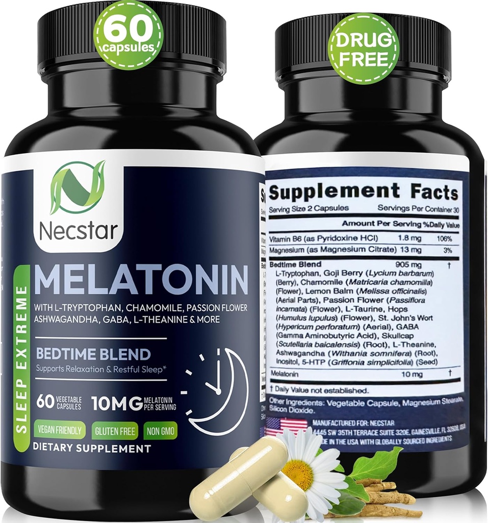 Necstar Μελατονίνη 10mg, Βοηθητικό ύπνου για ενήλικες, επιπλέον δύναμη με Ashwagandha, Μαγνήσιο, L-Θεανίνη, GABA, Λέμον βάλσαμο και χαμομήλι συμπλήρωμα υποστήριξης ύπνου, Vegan, μη-GMO, Χωρίς γλουτένη, 60 κάψουλες