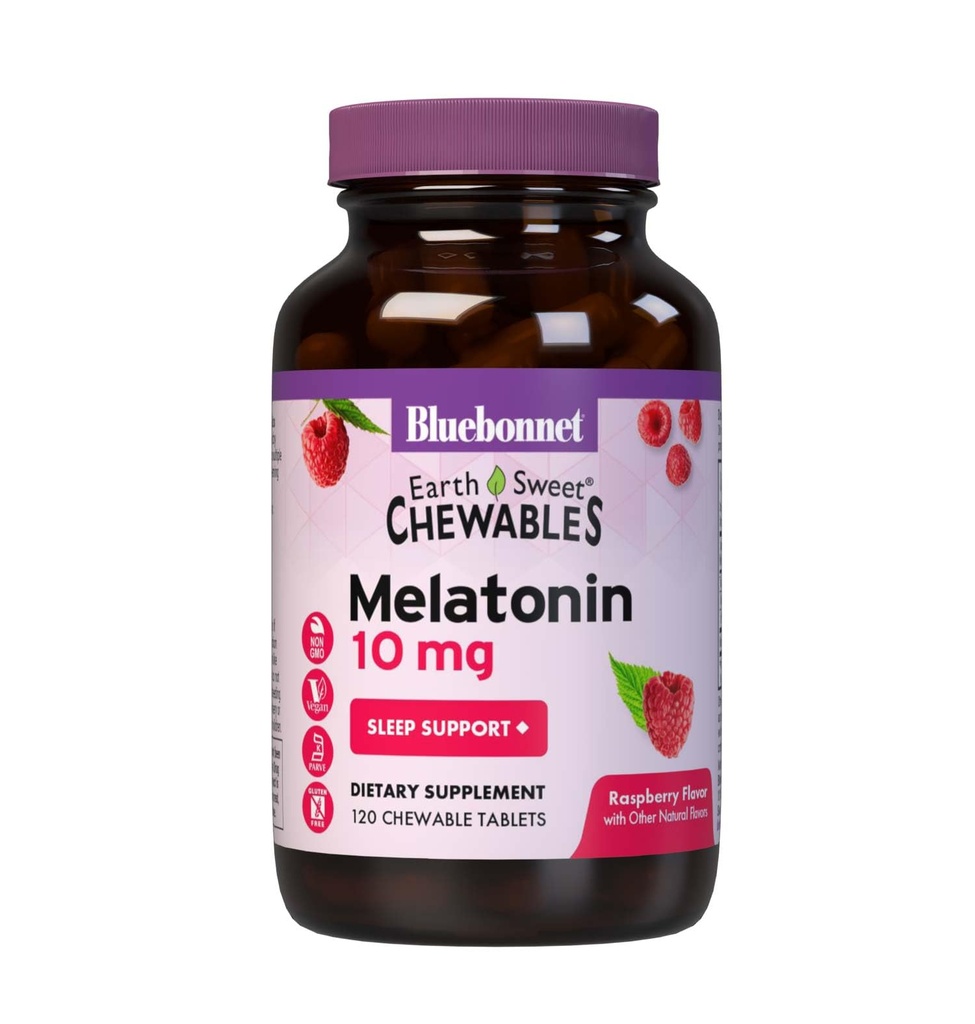 BlueBonnet Nutrition EarthSweet Melatonin 10 mg Γρήγορη Διαλύοντας τη Νύχτα Χαλάρωση & Ξεκούραστη Υποστήριξη Ύπνου - Βοήθεια ύπνου - Χωρίς γλουτένη, Vegan - Βατόμουρο Γεύση - 120 Μασώμενα δισκία