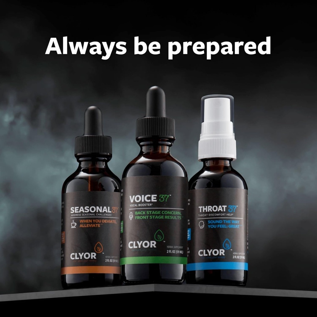 CLYOR Voice37 Singers Voice Remedy, Throat37 Sore Throat Remedy, Seasonal37 Cold Remedy – All Natural Vocal Booster, Sore Throat Remedy, Cold Remedy. Bundle of All 3 Bottles