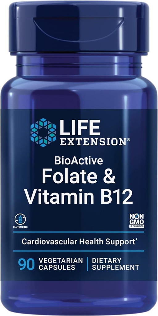 Επέκταση ζωής BioActive Folate & Βιταμίνη B12, προάγει την υγεία της καρδιάς, του εγκεφάλου και του γαστρεντερικού συστήματος, μη ΓΤΟ, χωρίς γλουτένη, χορτοφάγους, 90 κάψουλες