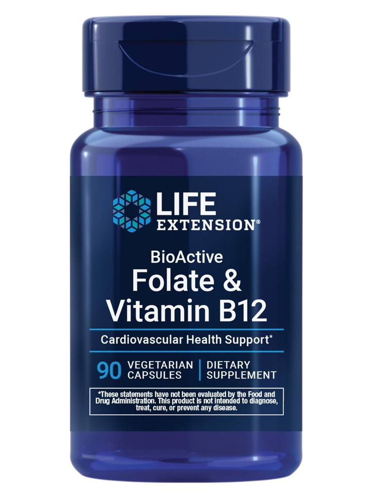 Life Extension BioActive Folate & Vitamin B12, Promotes Heart, Brain & GI Tract Health, Non-GMO, Gluten-Free, Vegetarian, 90 Capsules