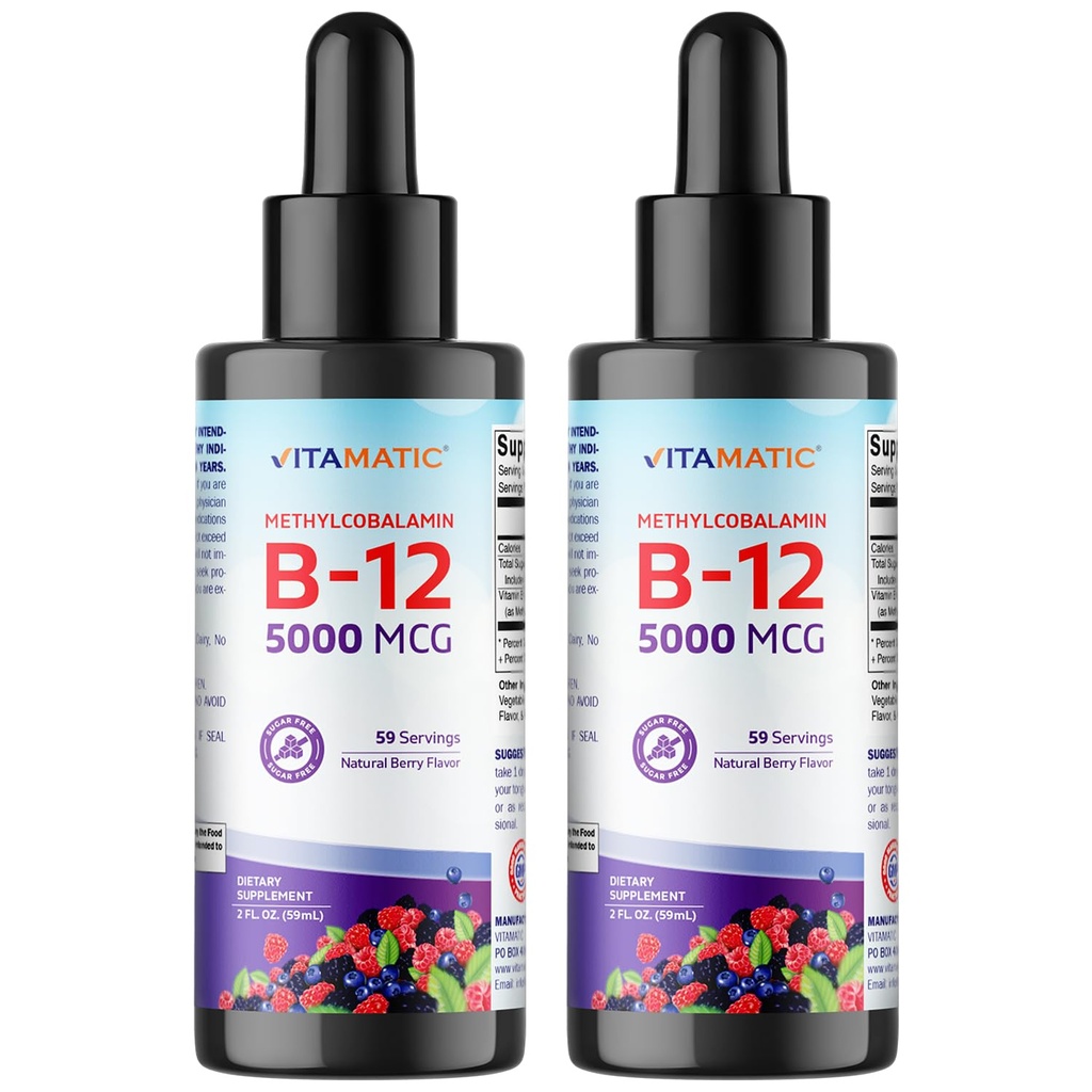 Vitamatic 2 συσκευασίες Υγρή βιταμίνη B12 ταχείας δράσης 5000 mcg (μεθυλοκοβαλαμίνη) - Φυσικό άρωμα μούρου - Sublingual συμπλήρωμα - ταχύτερη απορρόφηση - 2 OZ