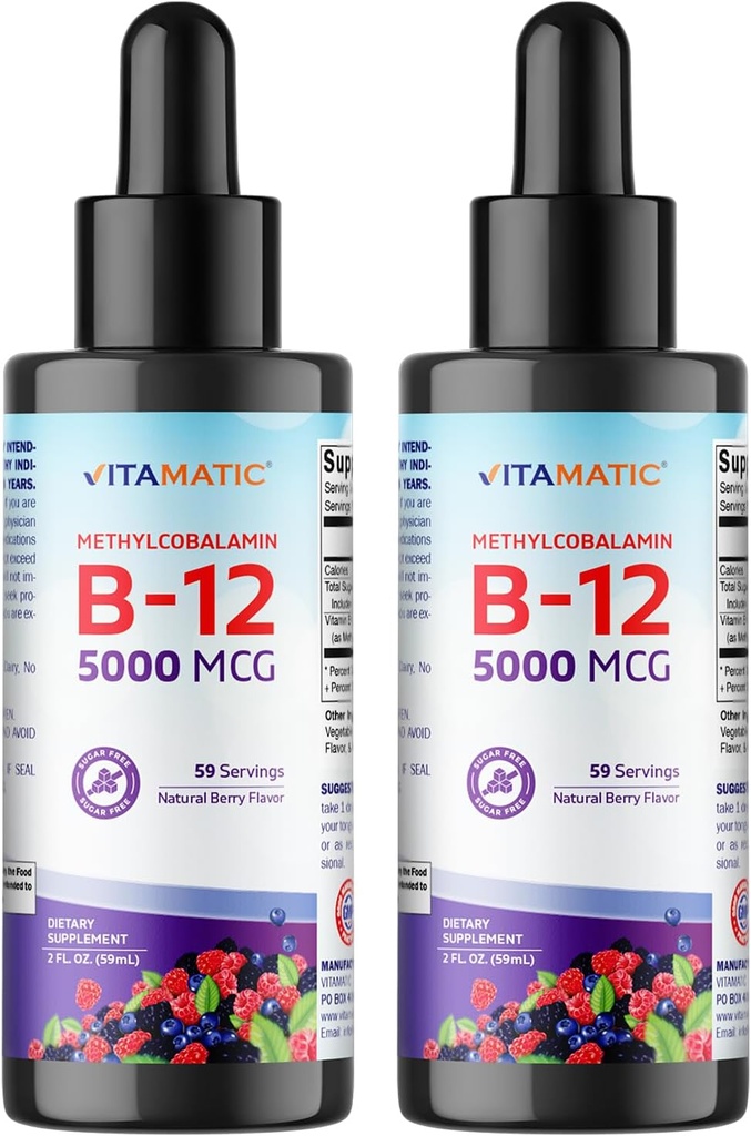 Vitamatic 2 συσκευασίες Υγρή βιταμίνη B12 ταχείας δράσης 5000 mcg (μεθυλοκοβαλαμίνη) - Φυσικό άρωμα μούρου - Sublingual συμπλήρωμα - ταχύτερη απορρόφηση - 2 OZ