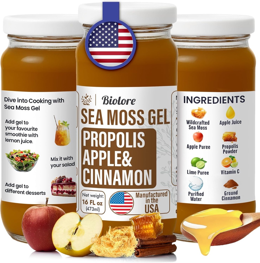 Biolore Wildcraft Sea Moss Gel με Propolis - Apple & Cinnamon 16 oz - Γλαφυρό Sea Moss Gel με Ουσιώδεις Βιταμίνες & Ιχνοστοιχεία - Vegan Superfood - Made in USA, Gluten-free, No Added Sugar