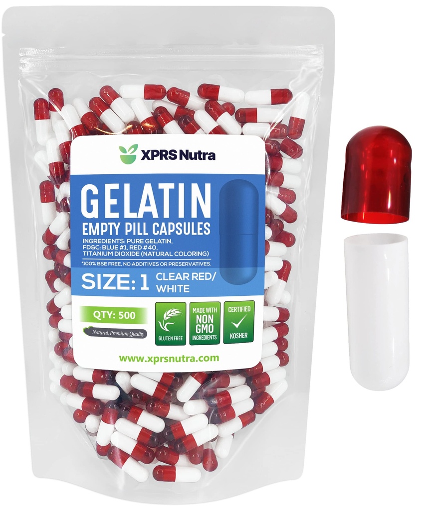 XPRS Nutra Size 1 Empty Capsules - 500 Count Empty Gelatin Capsules - Pill DIY Capsule Filling - Pure Bovine Pill Gel Caps for Do-It-Yourself Supplements (Clear Red/White)