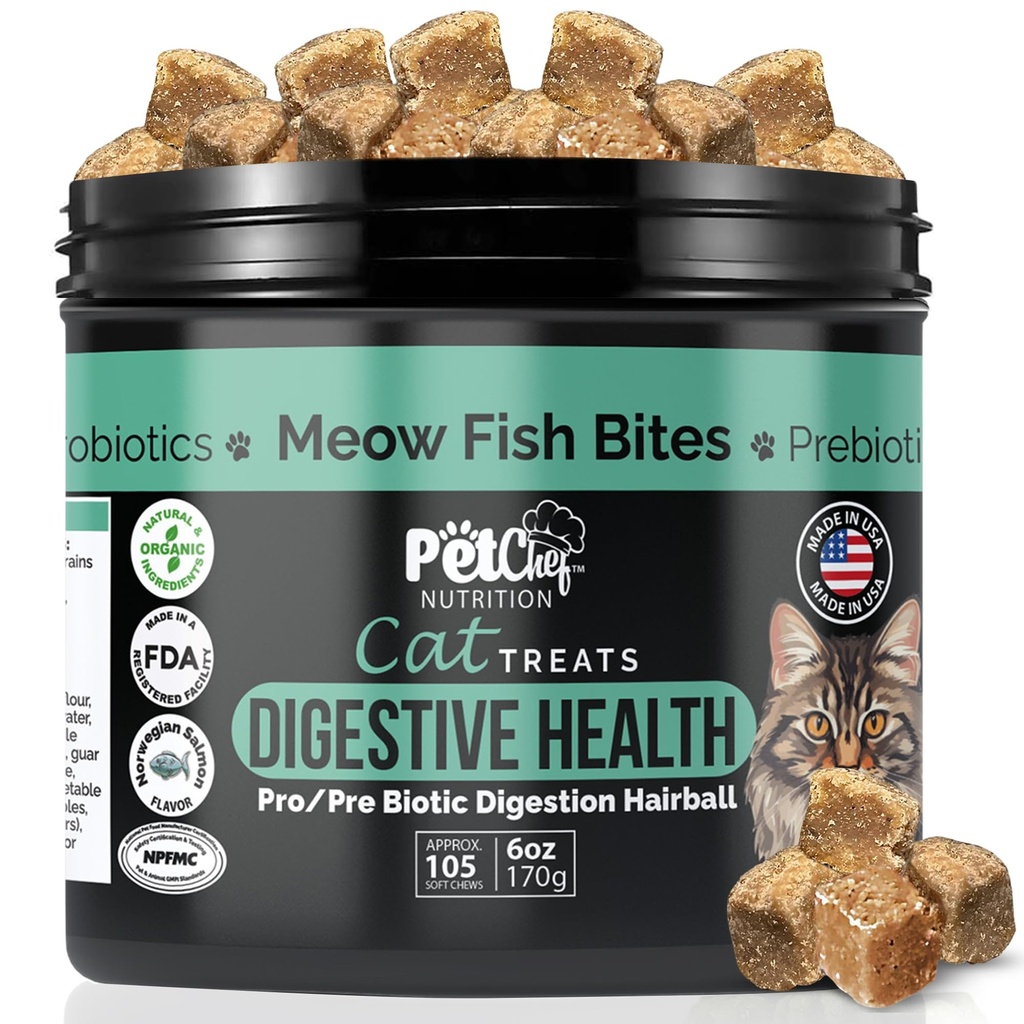 Pet Chef Meow Bites: Premium Pro & Prebiotic Digestion Cat Treats - Βελτίωση Digestion - καλύτερο μαύρισμα Fortiflora Probiotics για γάτες - Σταματά Cat Έμετος Όλες τις ηλικίες