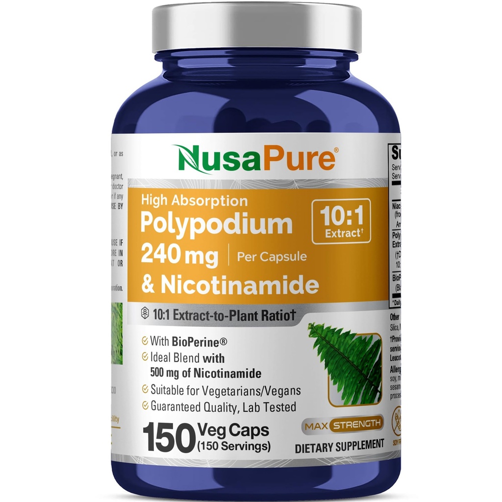 NusaPure Polypodium Nicotinamide 10:1 Extract, 240 mg Ισοδύναμο με 2.400 mg ανά Veg Caps - 150 Count (Non-GMO, Soyfree, Bioperine)