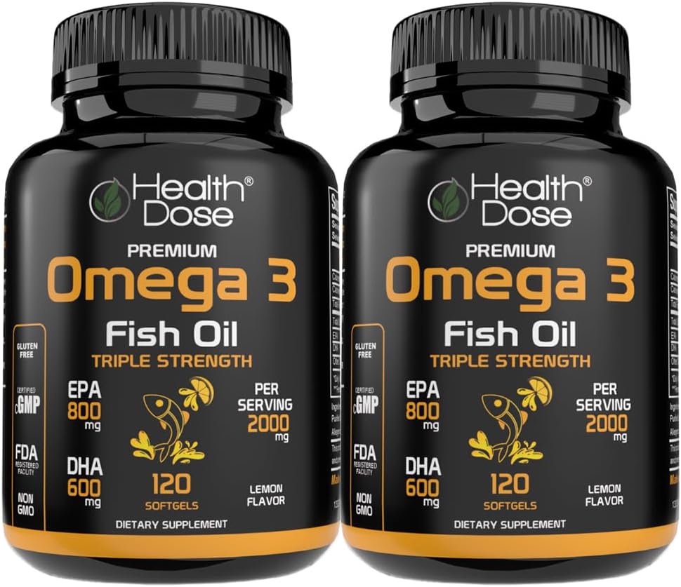 Υγεία Δόση Ωμέγα 3 ιχθυέλαιο – Λεμόνι-Flavored Softgels με EPA & DHA για τον εγκέφαλο, την καρδιά, και την ευεξία Υποστήριξη – Εύκολη στη θόλωση, Δεν Ψάρια Burps – 120 Softgels, Συσκευασία των 2