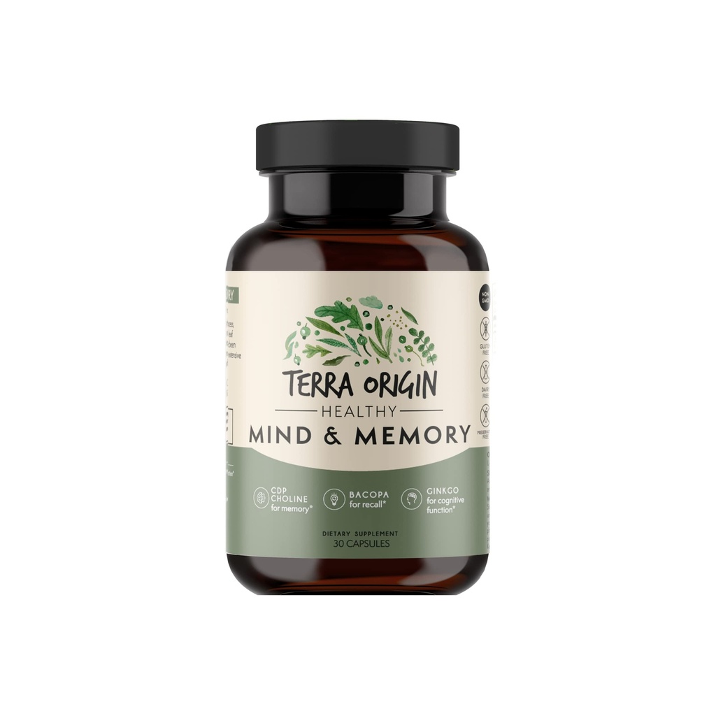 TERRA ORIGIN Healthy Mind and Memory Support Supplement | Cognitive Memory Matrix | Nootropic CDP, Bacopa, L-Tyrosine, Huperzine A, Ginko, B12 | Non GMO, Gluten Free, Dairy Free | 30 Capsules