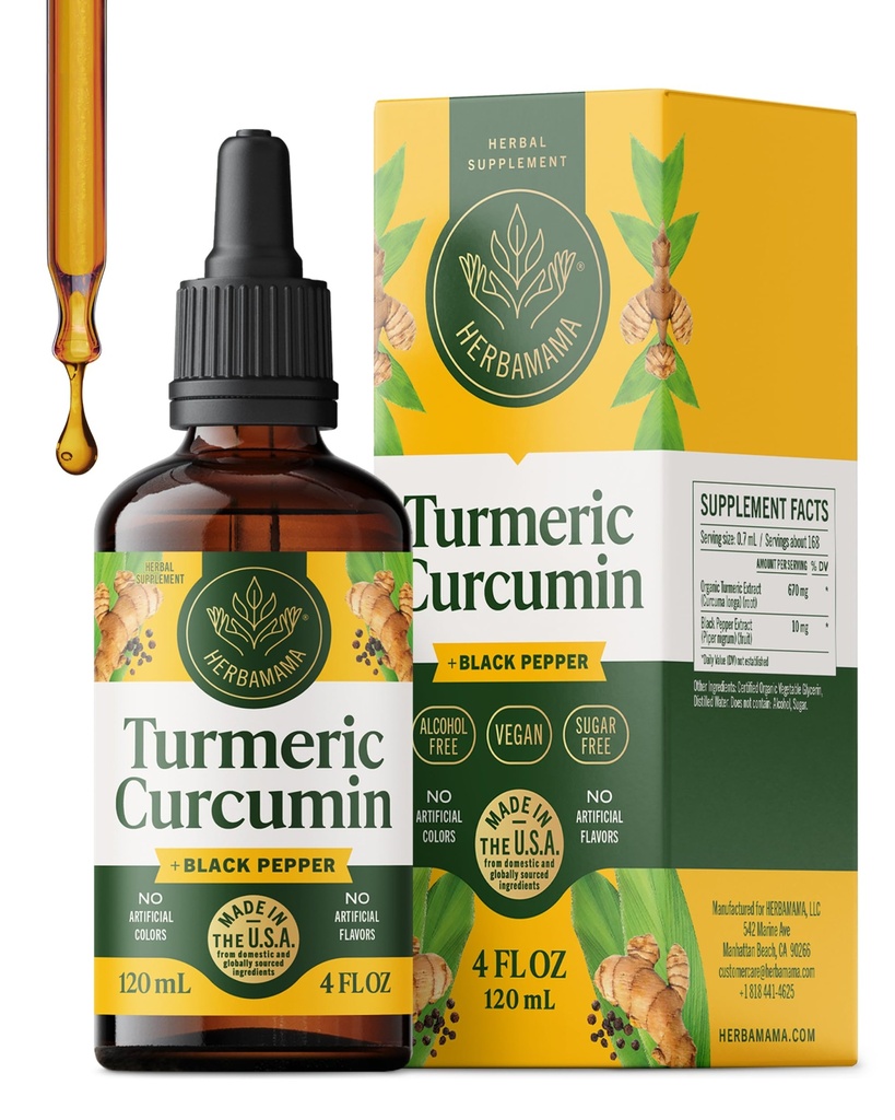 HERBAMAMA Turmeric Liquid Drops - Vegan Immune, Digestive & Mobility Support with Turmeric Curcumin with Black Peppe Extract - Μη ΓΤΟ, Αλκοόλ & Χωρίς Ζάχαρη Αντιοξειδωτικό συμπλήρωμα - 56-Ημέρα προσφοράς