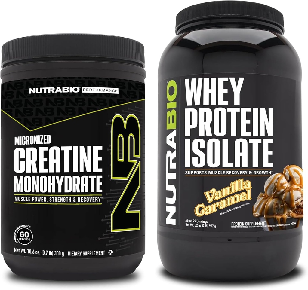 NutraBio Creatine Monohydrate, Unflavored, 300g και Whey Protein Isolate, Vanilla Caramel, συμπλήρωμα Bundle - μυϊκή ενέργεια, Lean μυϊκή ανάπτυξη, ανάκτηση, και δύναμη