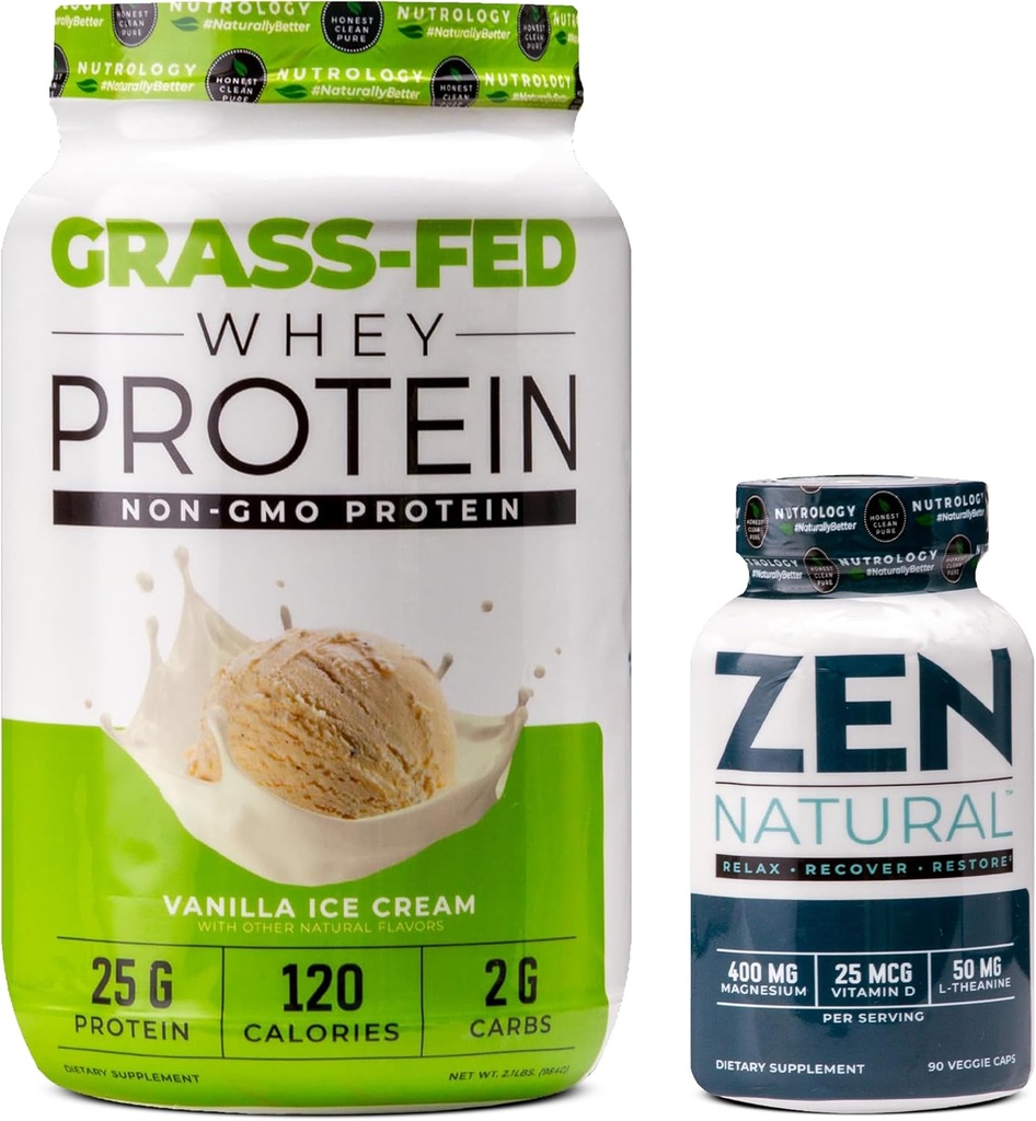 Nutrology Grass Fed Whey Protein Powder - Vanilla Ice Cream Flavor (28 μερίδες) Zen Natural Magnesium Supplement (30 μερίδες)