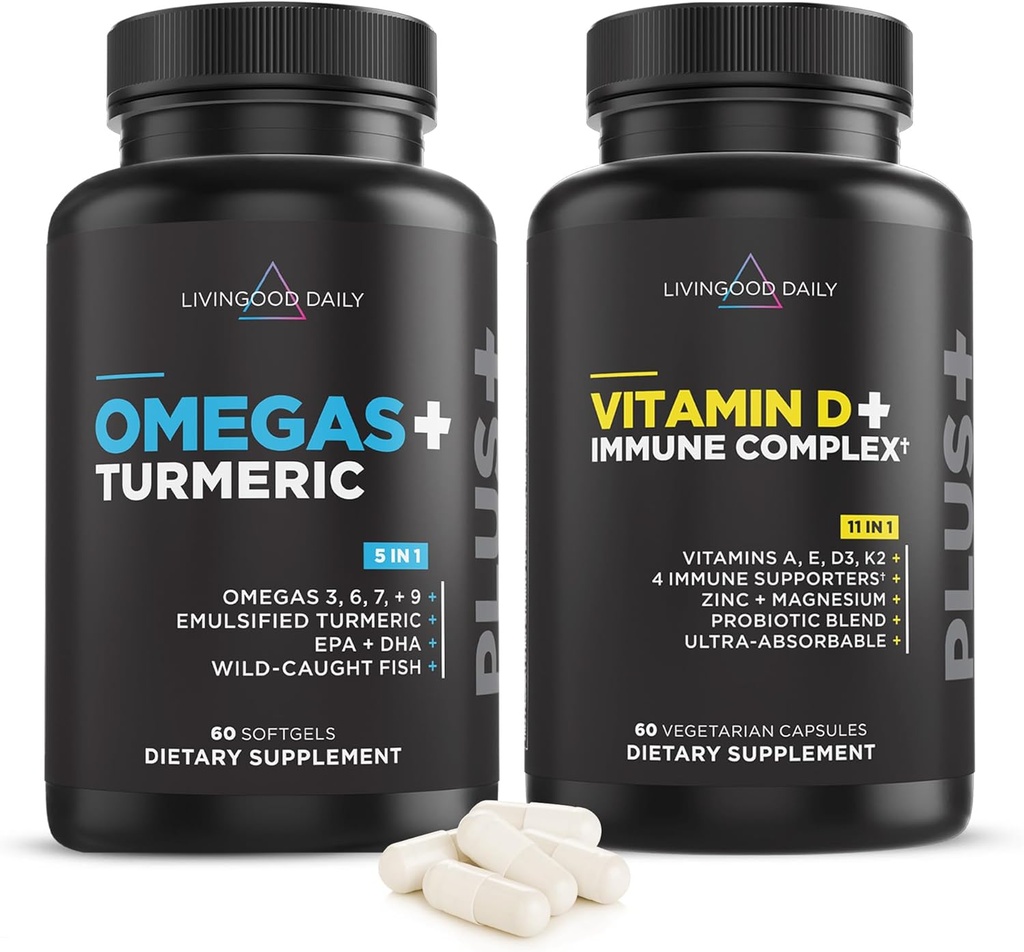 Livingood Daily Essentials Bundle - Ισχυρό συμπλήρωμα Ωμέγα 3-6-7-9 συν κουρκουμάς με βιταμίνη D3 K2, μαγνήσιο, προβιοτικό μείγμα και περισσότερα