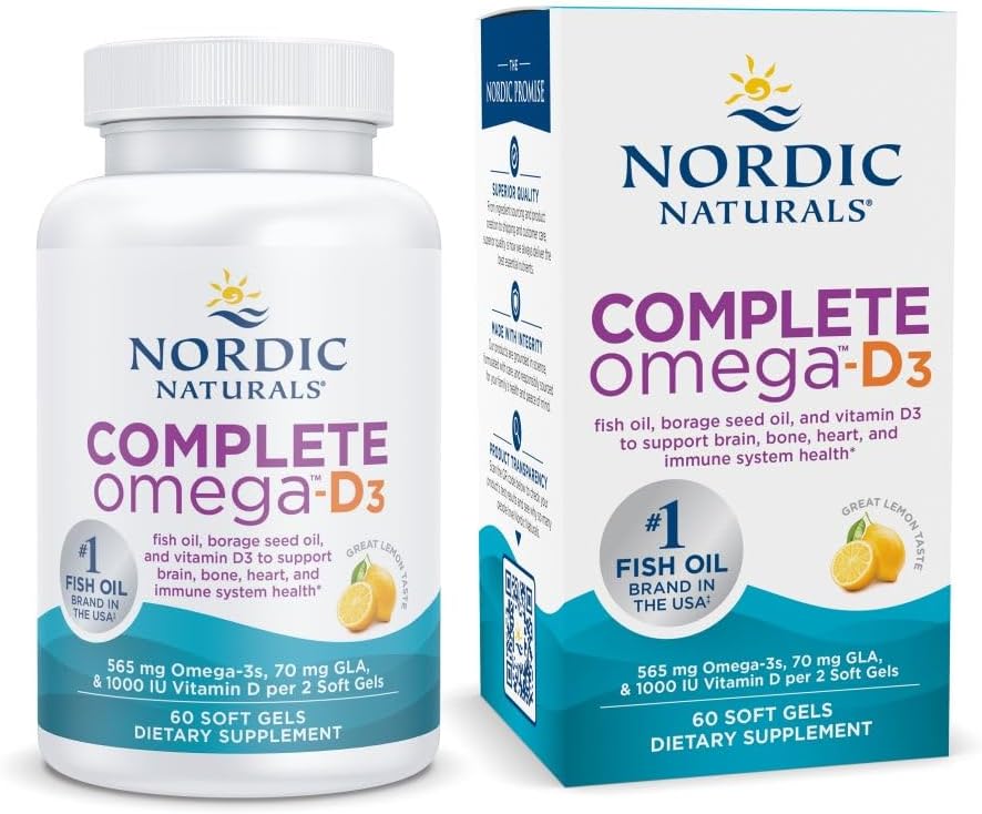 Nordic Naturals Complete Omega-D3, Lemon Flavor - 60 Soft Gels - 565 mg Omega-3 + 70 mg GLA + 1000 IU Βιταμίνη D3 - EPA & DHA - Υγιεινό δέρμα, γνωστική, & θετική διάθεση - Μη ΓΤΟ - 30 Υπηρεσίες