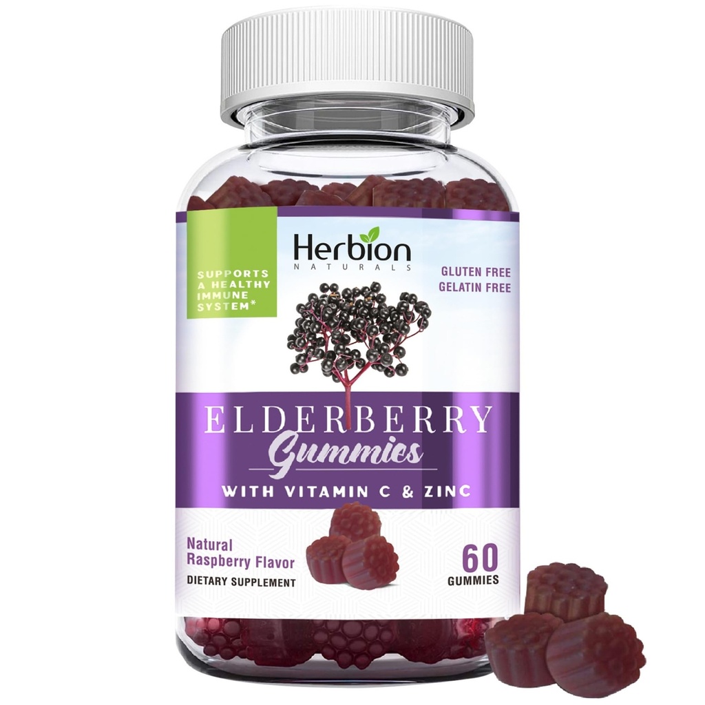 HERBION Elderberry Gummies with Vitamin C & Zinc - Healthy Immune System Support - Gluten-Free & Gelatin-Free - 60 Gummies for Adults & Children 4 Years & Above - Made in USA, 60 Count (Pack of 1)