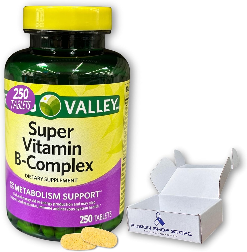 Super Vitamin B Complex Spring Valley- δισκία 250 Count Blend του B6 B12 C θειαμίνη βιοτίνη φυλλικό παντοθενικό οξύ και ribβοφλαβίνη, Boxed by Fusion Shop Store
