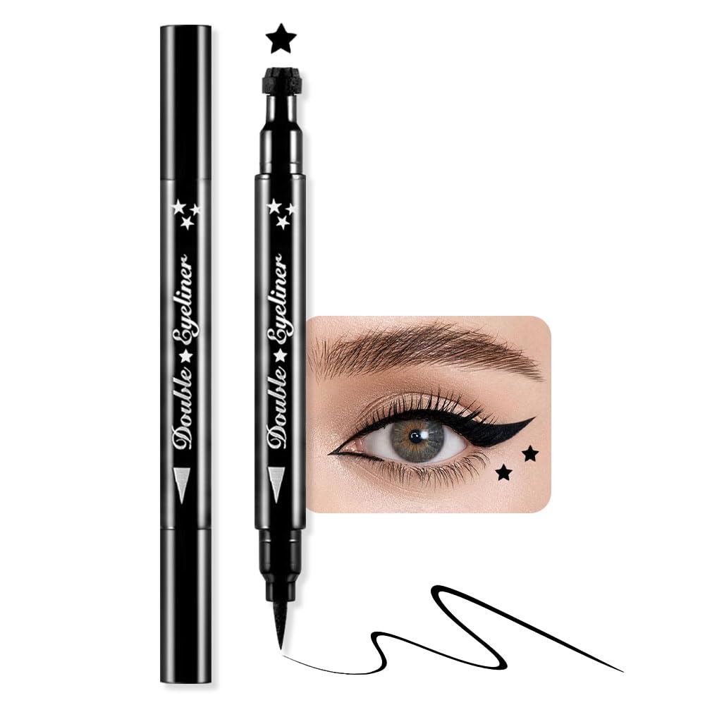 BINGBRUSH Διπλό κεφάλι Υγρό αστέρι Eyeliner Stamp Μολύβι, Χρώματα Λουλούδια Καρδιά Σελήνη Σχήματα Πρόσωπα Σφραγίδες Makeup Πολύχρωμο Αδιάβροχο Slim Gel Felt Tip Υψηλή Pigment Υγρό Eyeliner (01#Star&Black)
