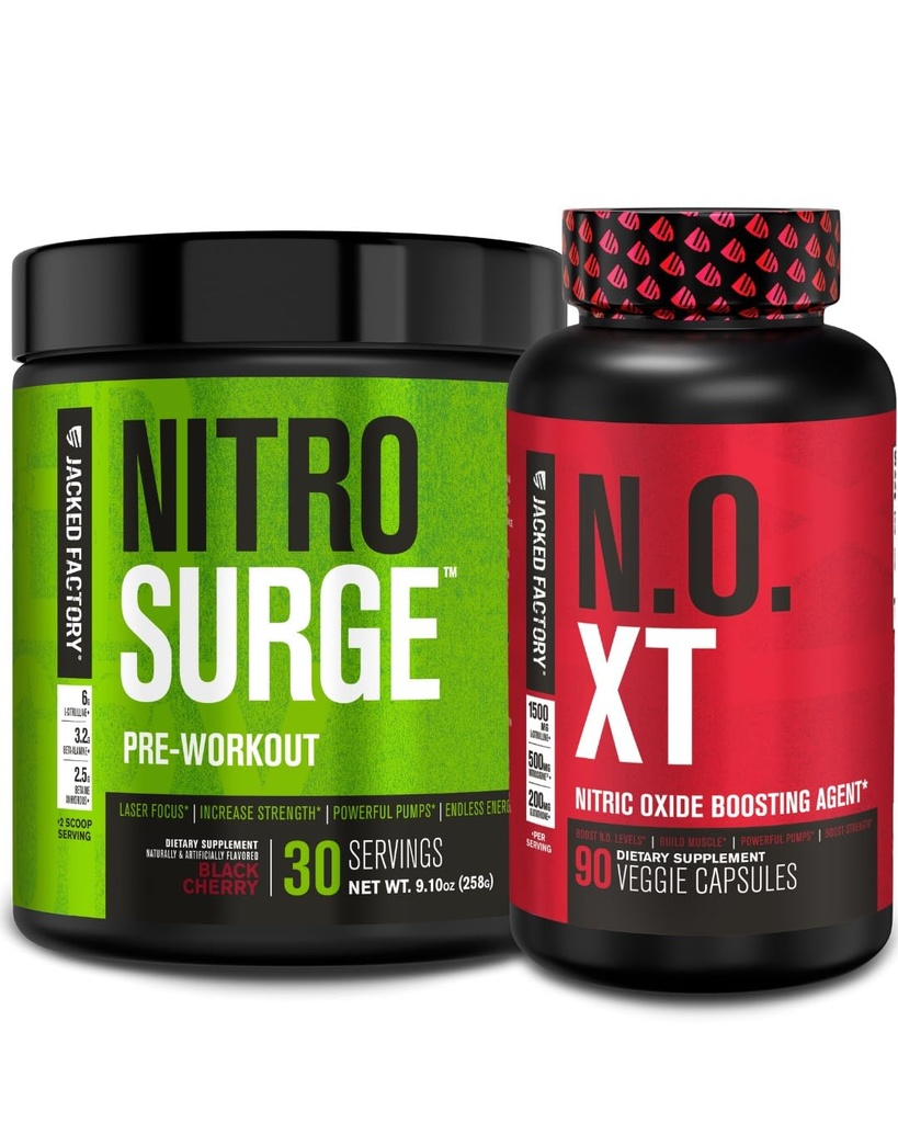 Jacked Factory Nitrosurge Pre-Workout in Black Cherry & N.O. XT Nitric Oxide Booster for Men & Women