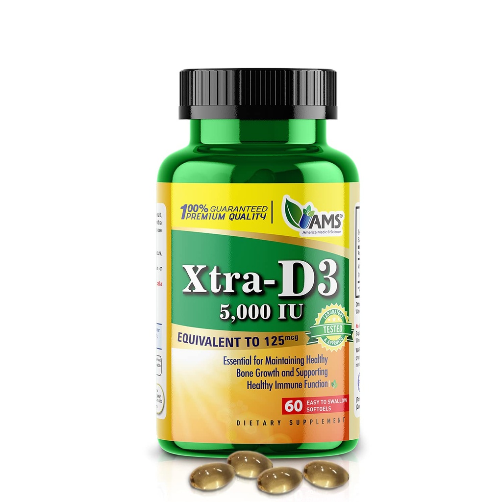 America Medic & Science Xtra D3 Vitamin D 5.000 IU (125 mcg) Cholecalciferol συμπλήρωμα για άνδρες και γυναίκες (60 εύκολο να καταπιούν Softgels) Best για τα οστά, την υγεία της καρδιάς, την υποστήριξη ανοσοποιητικού συστήματος, λειτουργία πνεύμονα